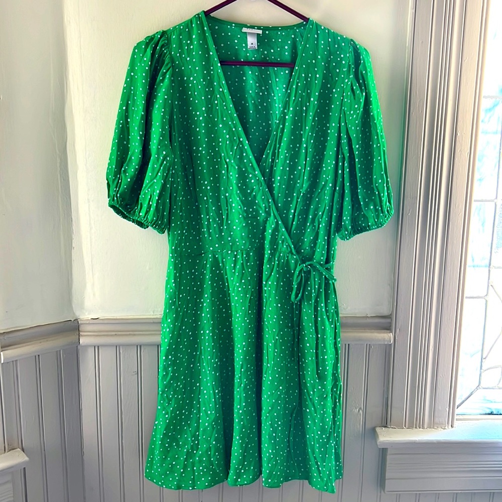 A New Day Puff Sleeve Faux Wrap Dress - Green & White Polka Dot, Size Medium